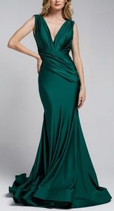 COPY - V NECK STRETCH SATIN FITTED FORMAL EVENING GOWN